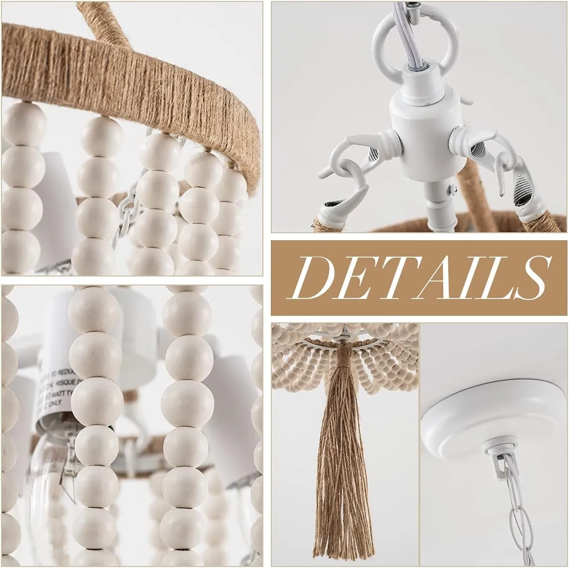 VILUXY Boho Chandelier Farmhouse Wood Beaded Pendant Light Fixture Wood Beaded Hanging Chandeleir 3-Light Rustic Chandelier Bohemia White Beades with Fringe for Bedroom Dining Room Girl Room