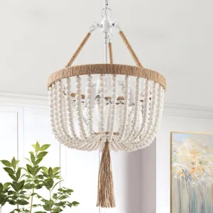 VILUXY Boho Chandelier Farmhouse Wood Beaded Pendant Light Fixture Wood Beaded Hanging Chandeleir 3-Light Rustic Chandelier Bohemia White Beades with Fringe for Bedroom Dining Room Girl Room