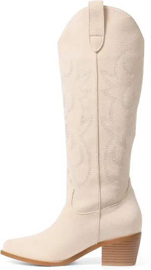 VIMISAOI Cowboy Boots for Women - Knee High, Pointed Toe, Wide Calf Western White Cowgirl Tall Boots