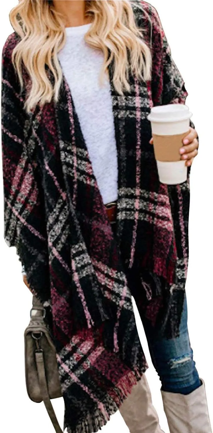VIMPUNEC Women Boho Buffalo Plaid Poncho Pashmina Shawl Wrap Cape Sweater Knitting Cardigan with Tassel