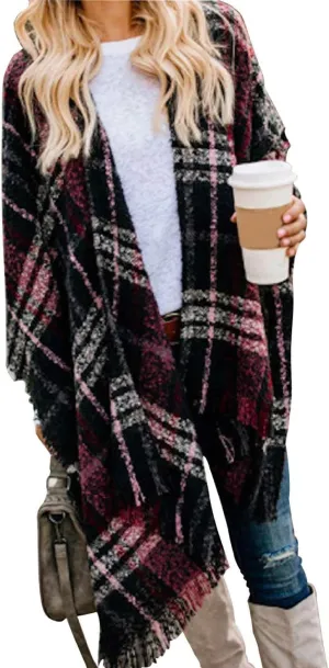 VIMPUNEC Women Boho Buffalo Plaid Poncho Pashmina Shawl Wrap Cape Sweater Knitting Cardigan with Tassel