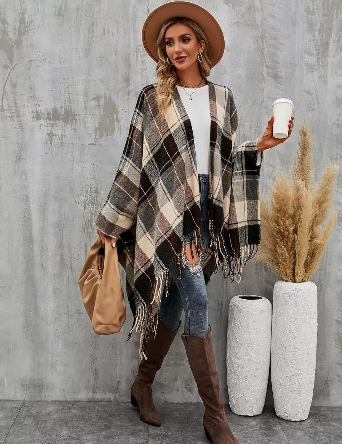 VIMPUNEC Women Boho Buffalo Plaid Poncho Pashmina Shawl Wrap Cape Sweater Knitting Cardigan with Tassel