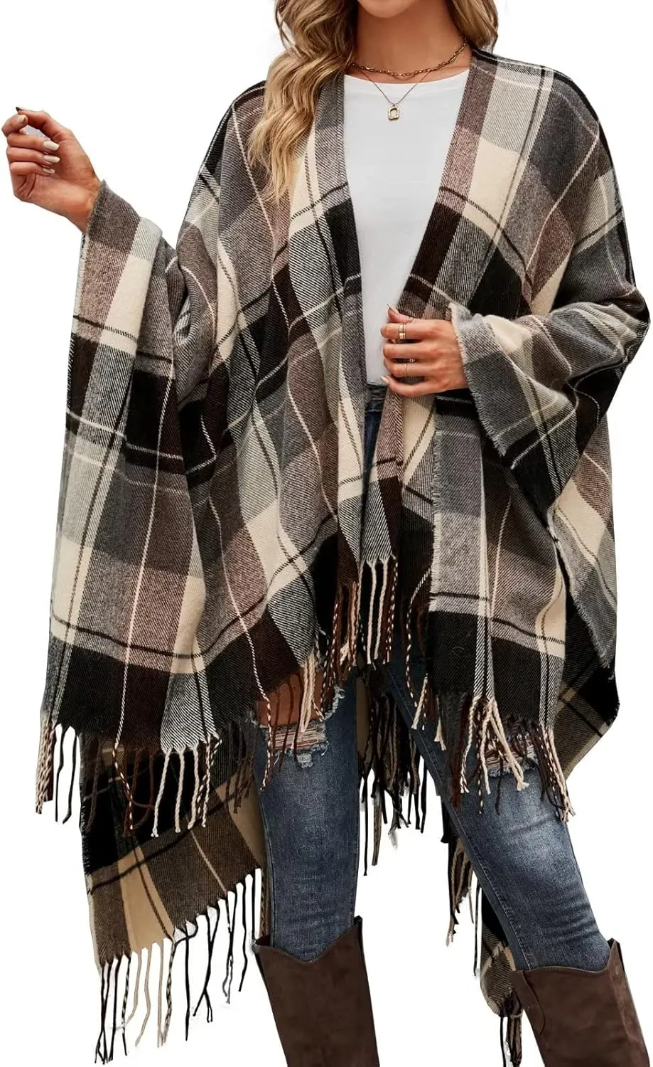 VIMPUNEC Women Boho Buffalo Plaid Poncho Pashmina Shawl Wrap Cape Sweater Knitting Cardigan with Tassel