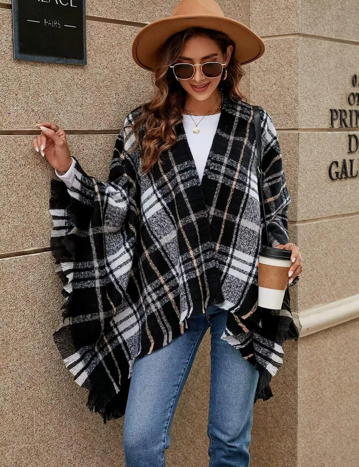 VIMPUNEC Women Boho Buffalo Plaid Poncho Pashmina Shawl Wrap Cape Sweater Knitting Cardigan with Tassel