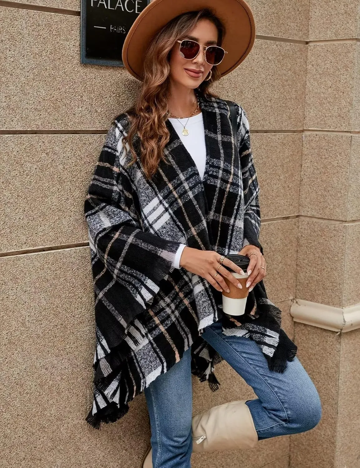 VIMPUNEC Women Boho Buffalo Plaid Poncho Pashmina Shawl Wrap Cape Sweater Knitting Cardigan with Tassel