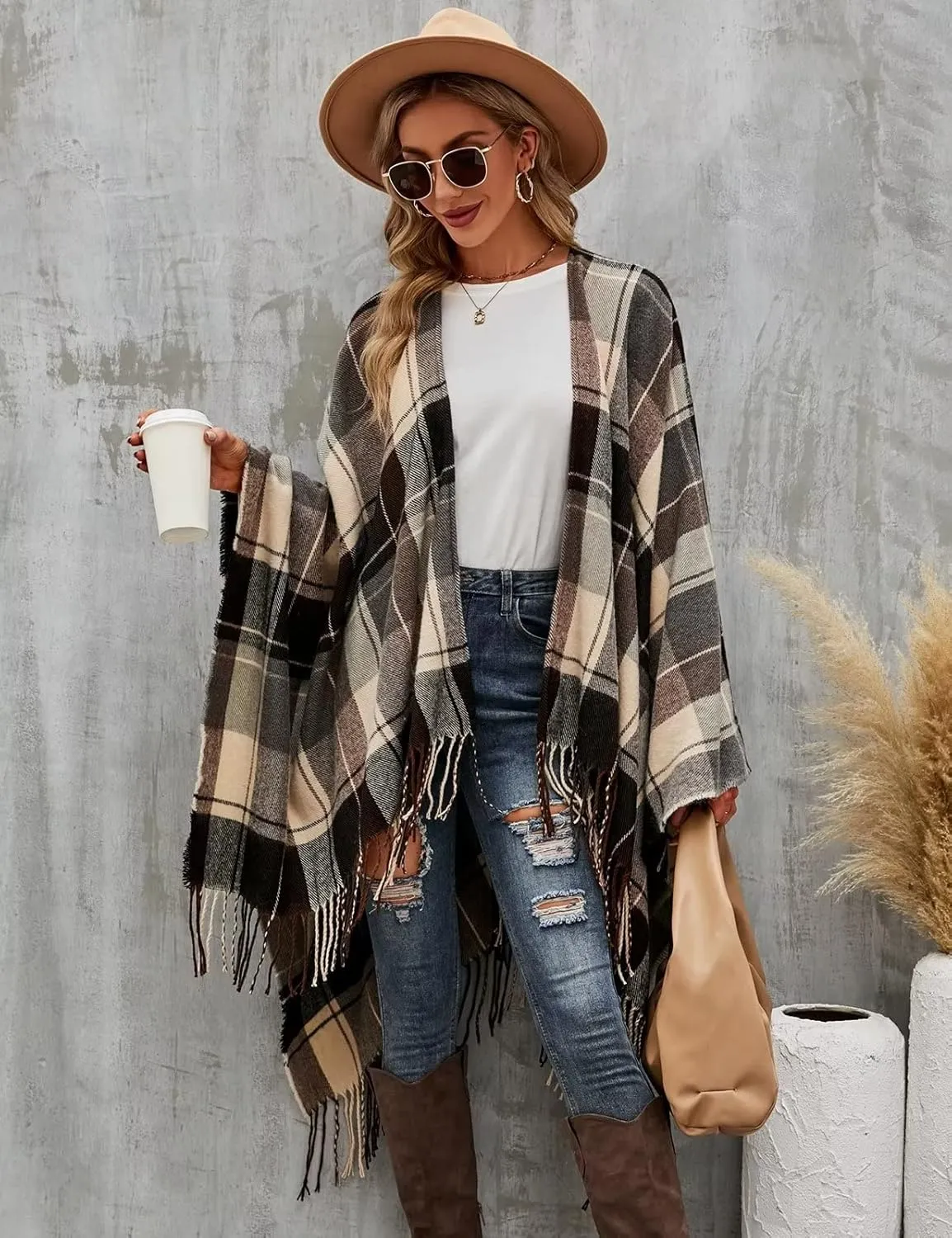 VIMPUNEC Women Boho Buffalo Plaid Poncho Pashmina Shawl Wrap Cape Sweater Knitting Cardigan with Tassel