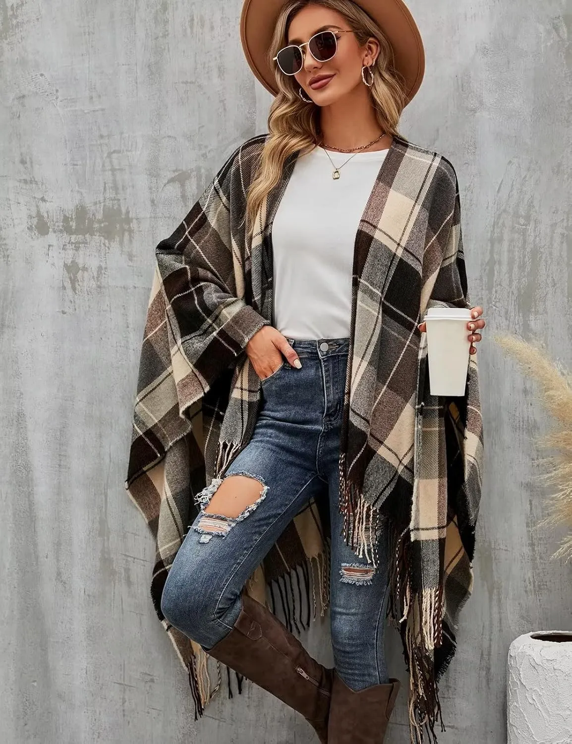 VIMPUNEC Women Boho Buffalo Plaid Poncho Pashmina Shawl Wrap Cape Sweater Knitting Cardigan with Tassel