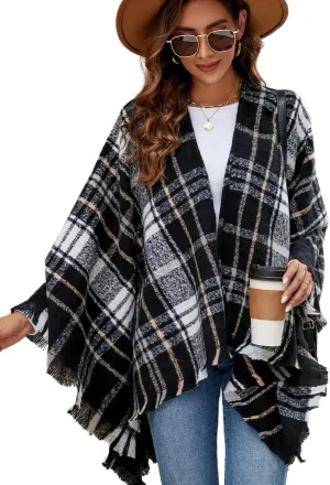 VIMPUNEC Women Boho Buffalo Plaid Poncho Pashmina Shawl Wrap Cape Sweater Knitting Cardigan with Tassel