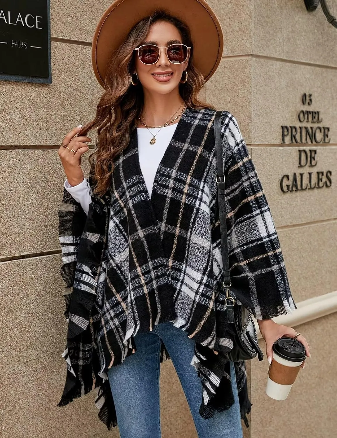 VIMPUNEC Women Boho Buffalo Plaid Poncho Pashmina Shawl Wrap Cape Sweater Knitting Cardigan with Tassel