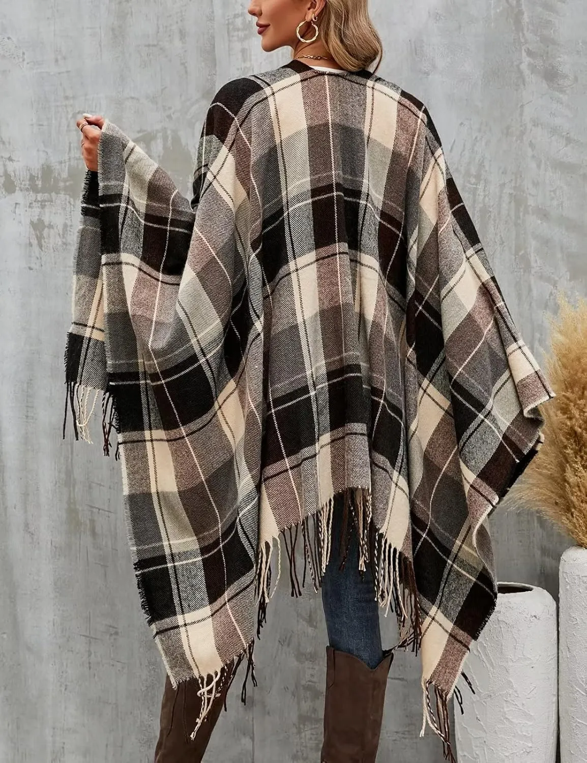 VIMPUNEC Women Boho Buffalo Plaid Poncho Pashmina Shawl Wrap Cape Sweater Knitting Cardigan with Tassel