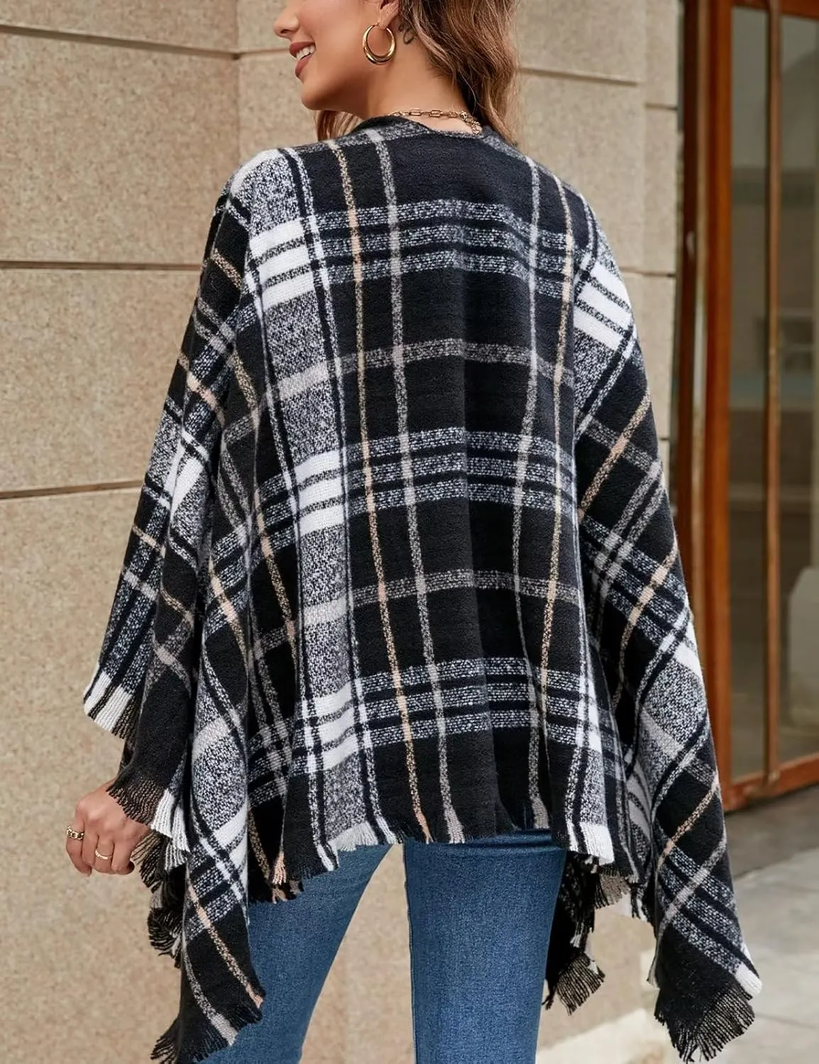 VIMPUNEC Women Boho Buffalo Plaid Poncho Pashmina Shawl Wrap Cape Sweater Knitting Cardigan with Tassel