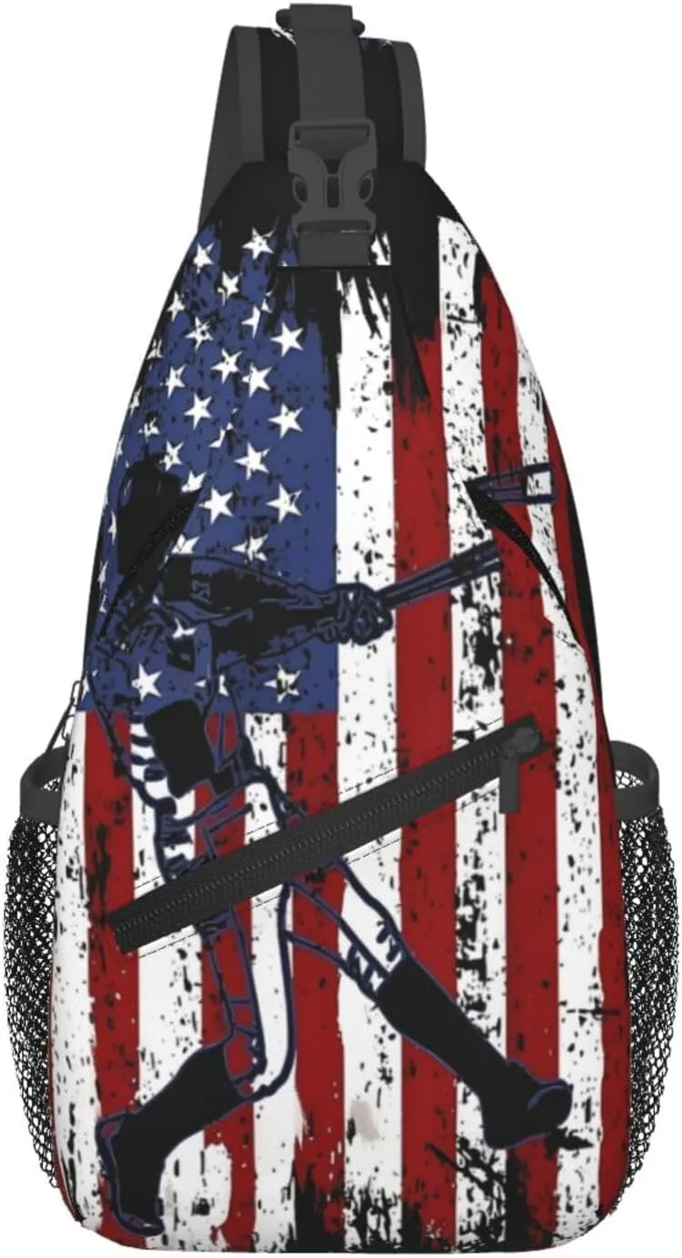 Vintage American Flag Baseball Player Chest Bags Crossbody Sling Bag Shoulder Bag Travel Hiking Daypack For Men Women