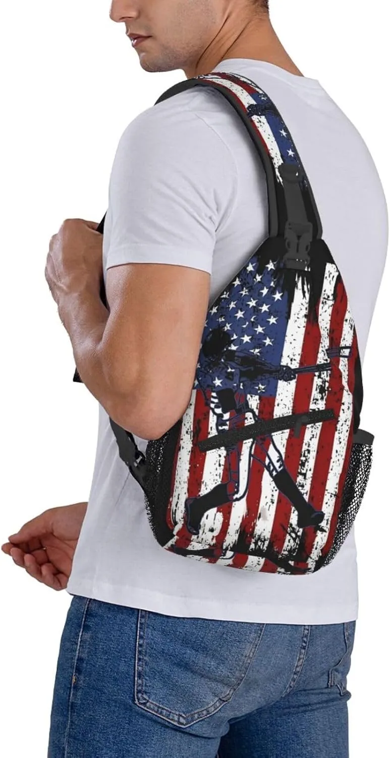 Vintage American Flag Baseball Player Chest Bags Crossbody Sling Bag Shoulder Bag Travel Hiking Daypack For Men Women