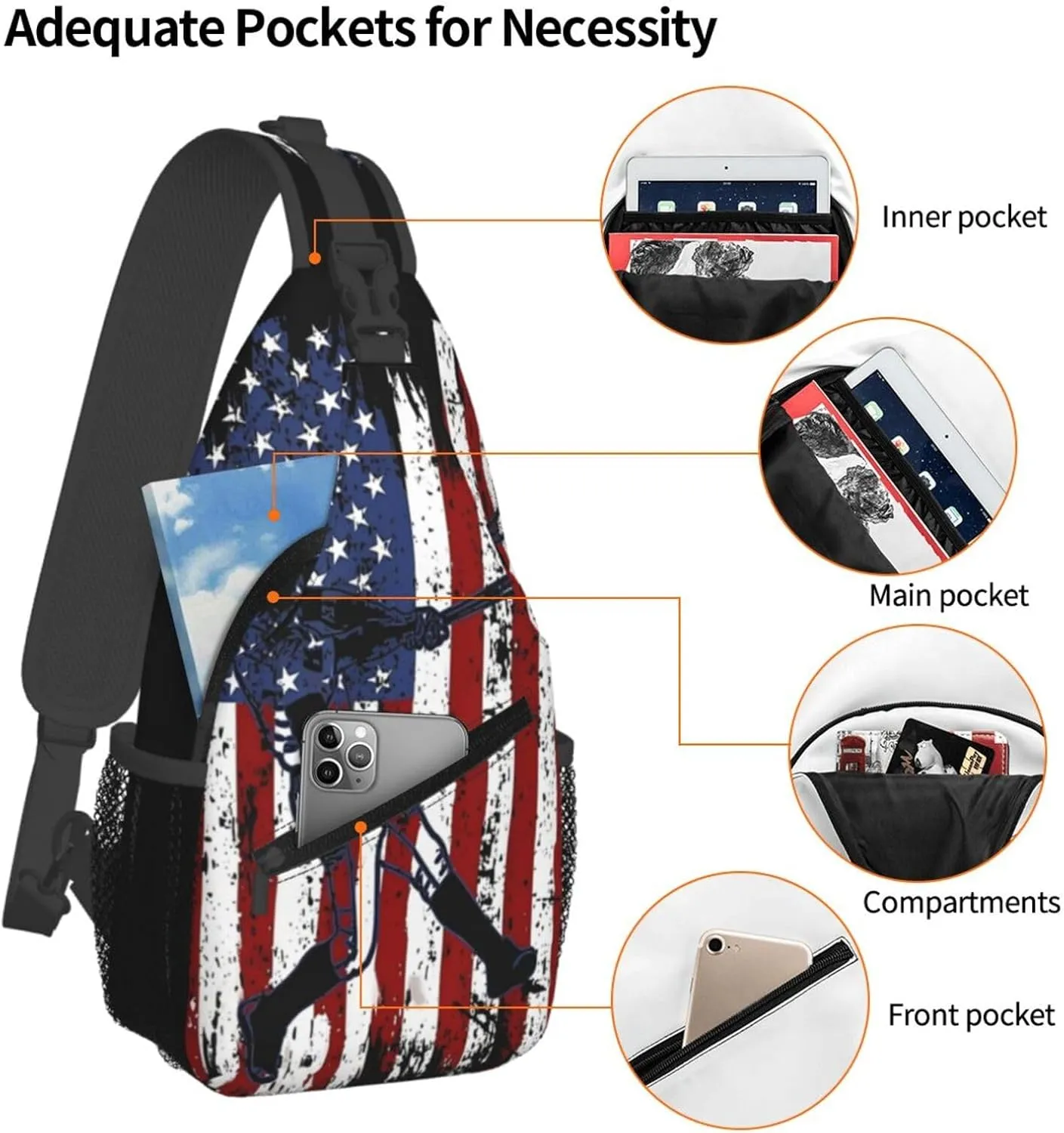 Vintage American Flag Baseball Player Chest Bags Crossbody Sling Bag Shoulder Bag Travel Hiking Daypack For Men Women