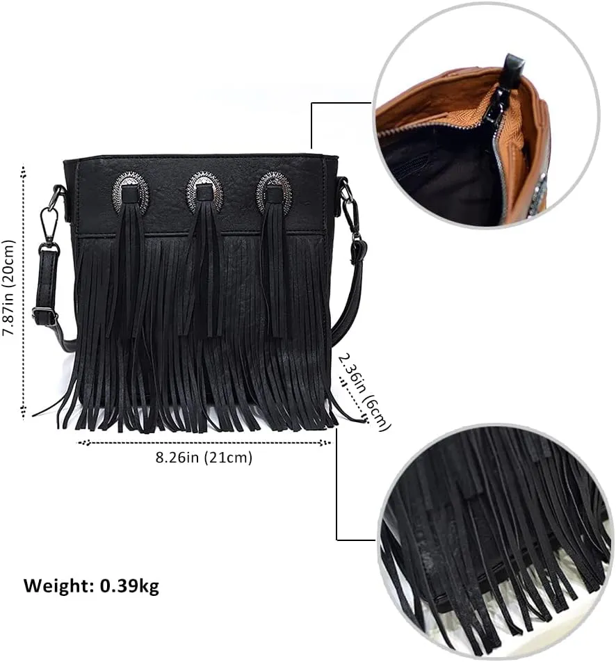 Vintage & Stylish Women Tassel Shoulder Bag PU Leather Bohemian Fringed Crossbody Shoulder Fringe bag (Black)