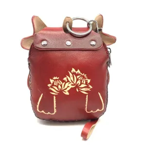 Vintage Genuine Leather 3D Animal Bull Coin Purse with keyring & Removable wrist strap (Red)