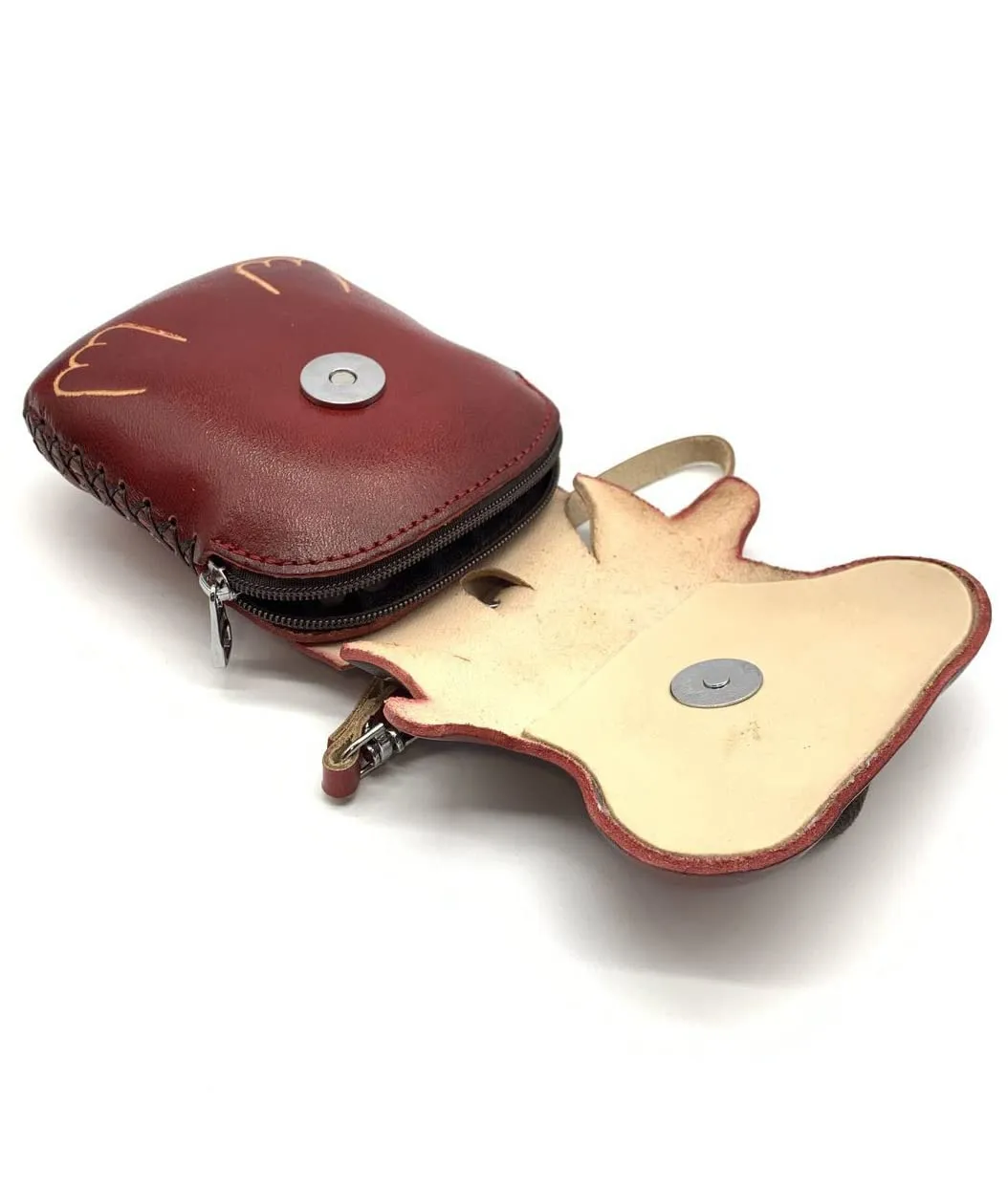 Vintage Genuine Leather 3D Animal Bull Coin Purse with keyring & Removable wrist strap (Red)