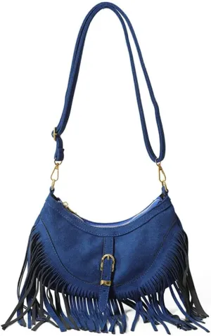Vintage Tote Bags for Women Small Frosted Leather Shoulder Crossbody Bag Handbag Crescent Purse Satchel with Tassels