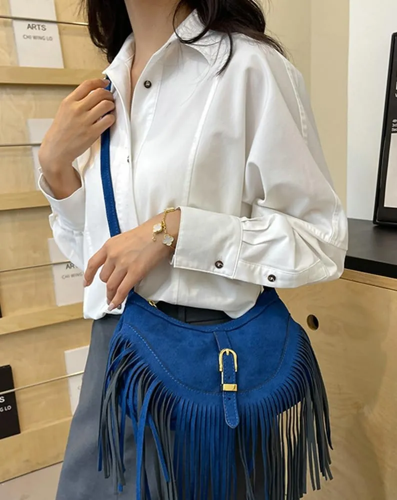 Vintage Tote Bags for Women Small Frosted Leather Shoulder Crossbody Bag Handbag Crescent Purse Satchel with Tassels