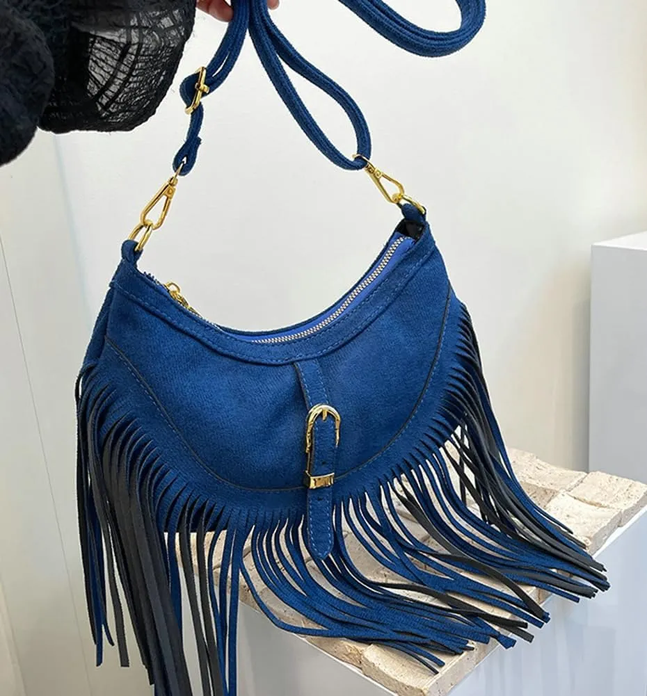 Vintage Tote Bags for Women Small Frosted Leather Shoulder Crossbody Bag Handbag Crescent Purse Satchel with Tassels