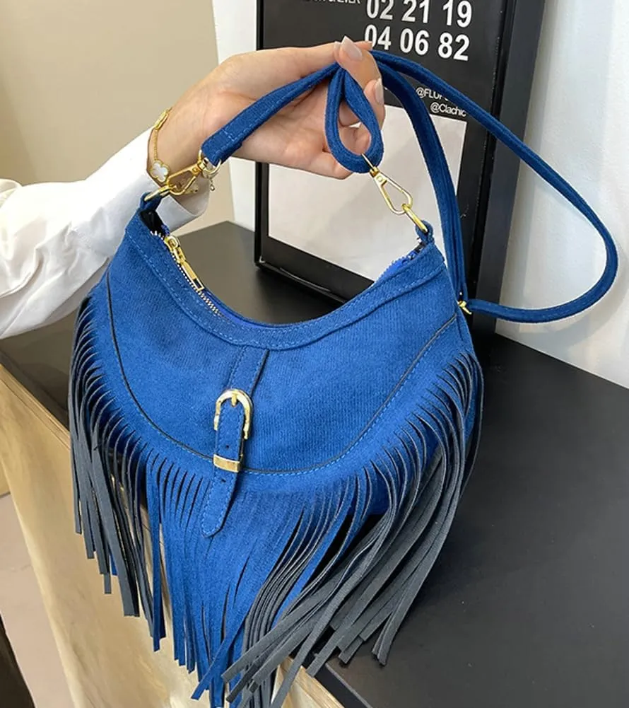 Vintage Tote Bags for Women Small Frosted Leather Shoulder Crossbody Bag Handbag Crescent Purse Satchel with Tassels