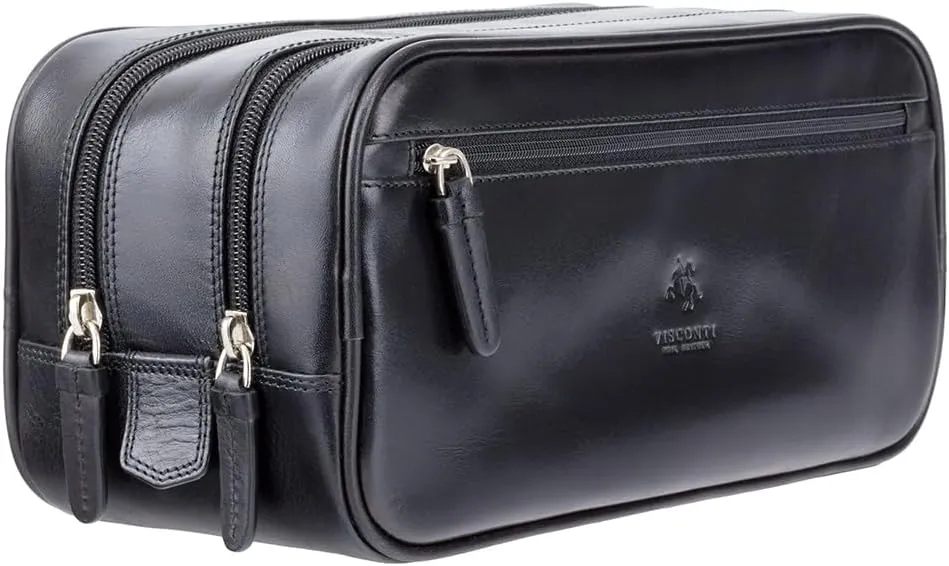 Visconti Men's Monza Collection Leather Wash Bag for Travel (Cognac Black)