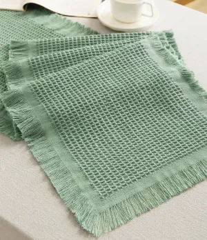 Vitalizart Dusty Green Table Runner 14"x72" Waffle Weave Boho Rustic Fringe Cotton Farmhouse for Home Decor Coffee Table Cloth Bedroom Kitchen Dining Decoration