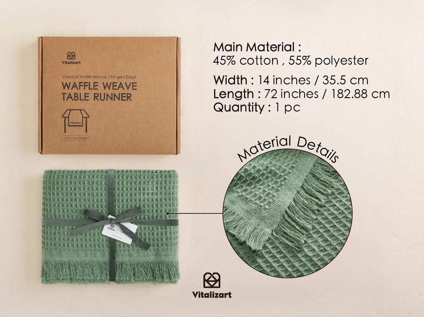 Vitalizart Dusty Green Table Runner 14"x72" Waffle Weave Boho Rustic Fringe Cotton Farmhouse for Home Decor Coffee Table Cloth Bedroom Kitchen Dining Decoration