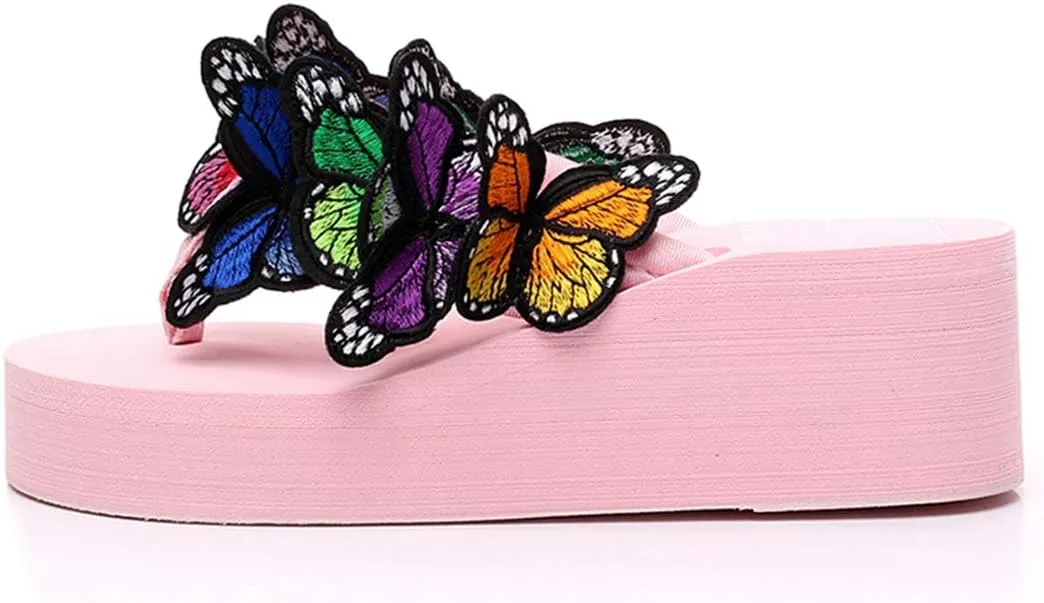 VOKLIN Women's Bohemian Butterfly Platform High Heel Flip Flops Anti-Slip Summer Beach Thong Wedge Sandals
