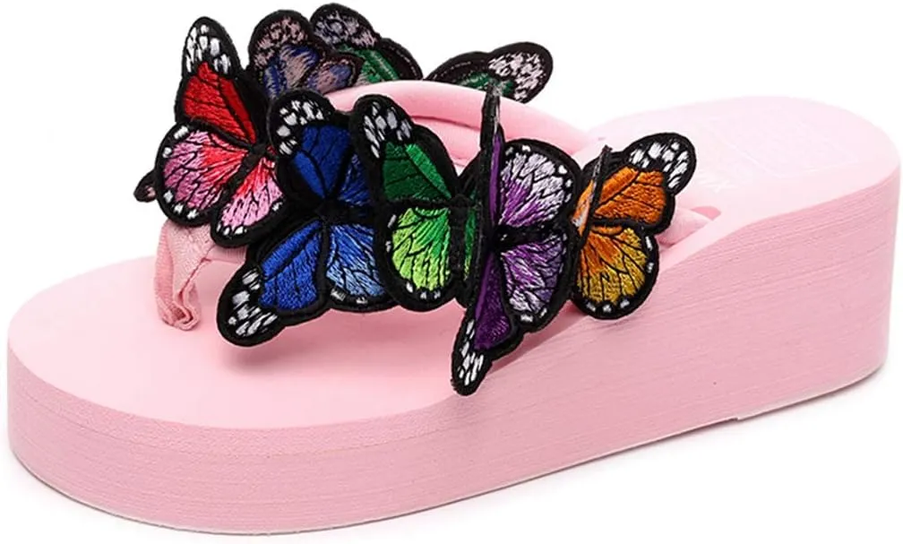 VOKLIN Women's Bohemian Butterfly Platform High Heel Flip Flops Anti-Slip Summer Beach Thong Wedge Sandals