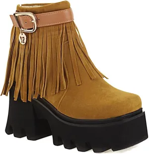 VOKLIN Women's Square Toe Fringed Dressy Ankle Boots Chunky Platform High Heel Western Tassels Short Booties