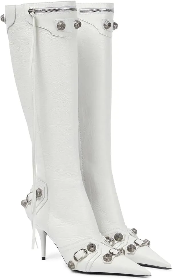 VOMIRA Knee High Boots Sexy Pointed Toe Rivets Tassels Stilettos High Heels Fashion Party Dressy Stripper Heels for Women