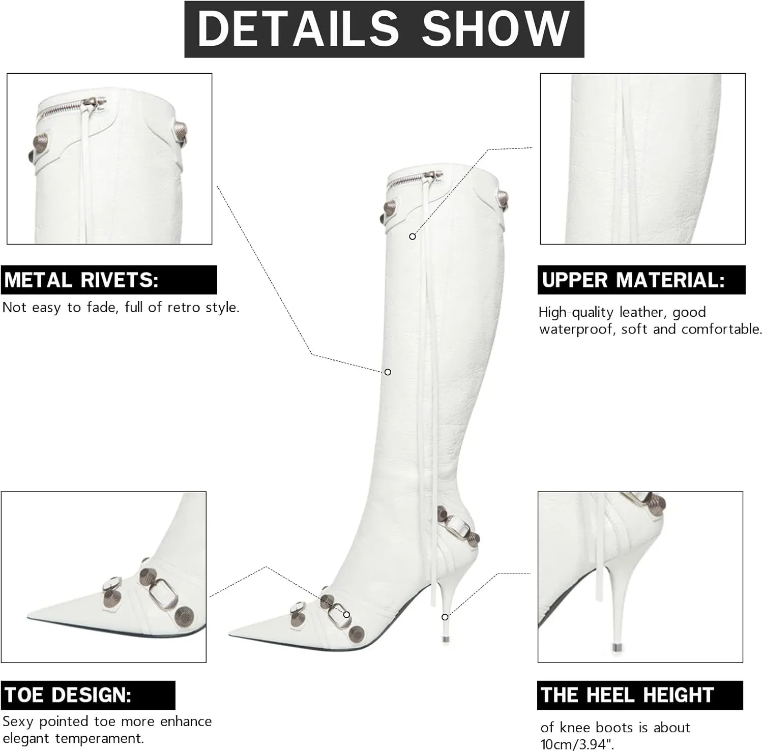 VOMIRA Knee High Boots Sexy Pointed Toe Rivets Tassels Stilettos High Heels Fashion Party Dressy Stripper Heels for Women