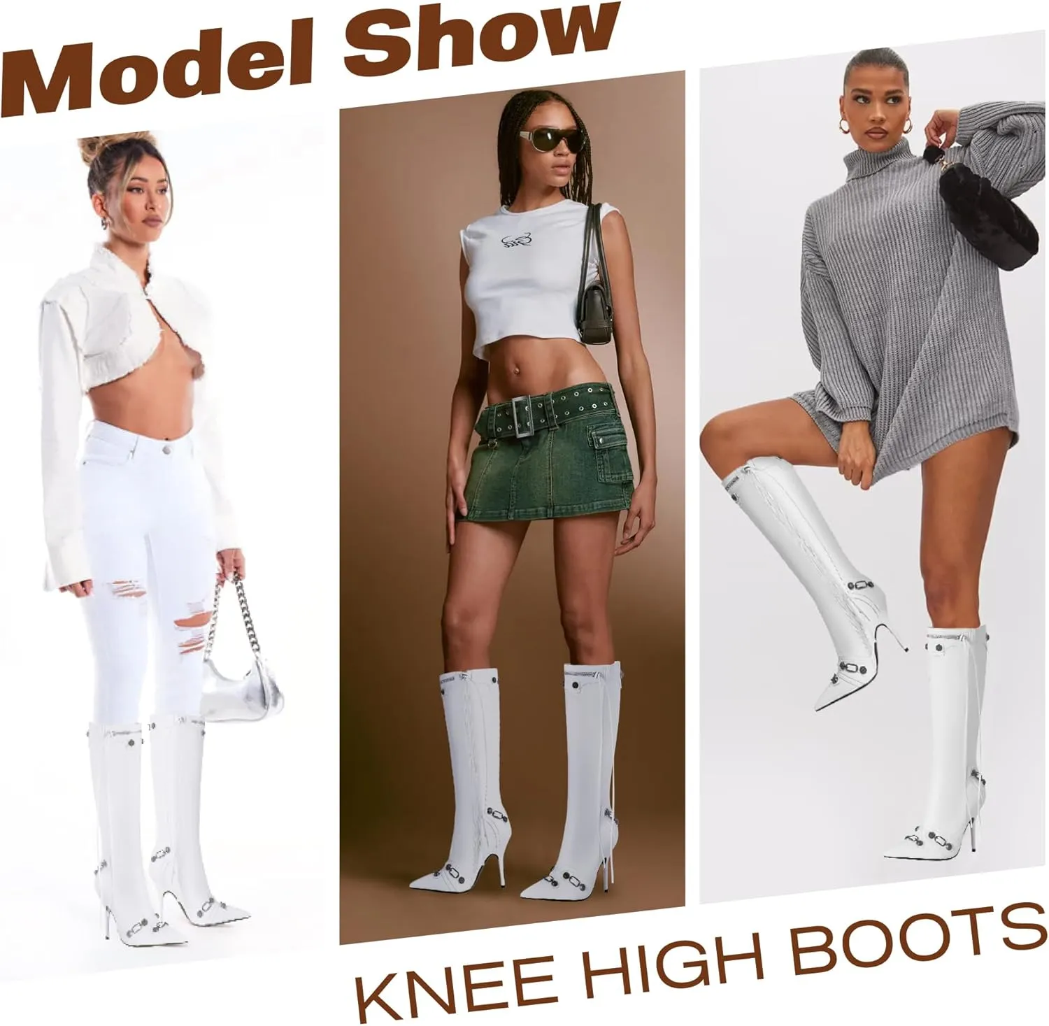 VOMIRA Knee High Boots Sexy Pointed Toe Rivets Tassels Stilettos High Heels Fashion Party Dressy Stripper Heels for Women