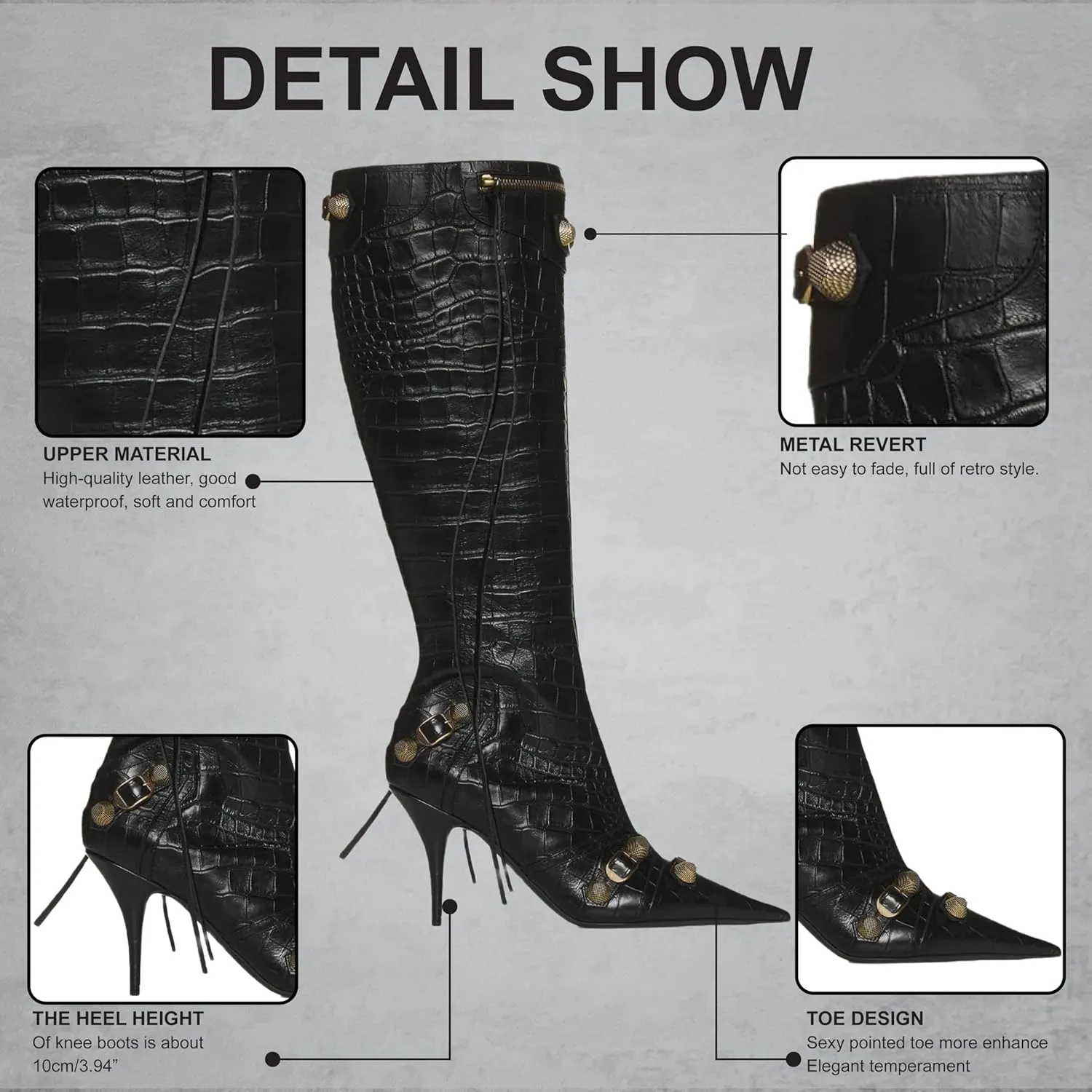 VOMIRA Knee High Boots Sexy Pointed Toe Rivets Tassels Stilettos High Heels Fashion Party Dressy Stripper Heels for Women