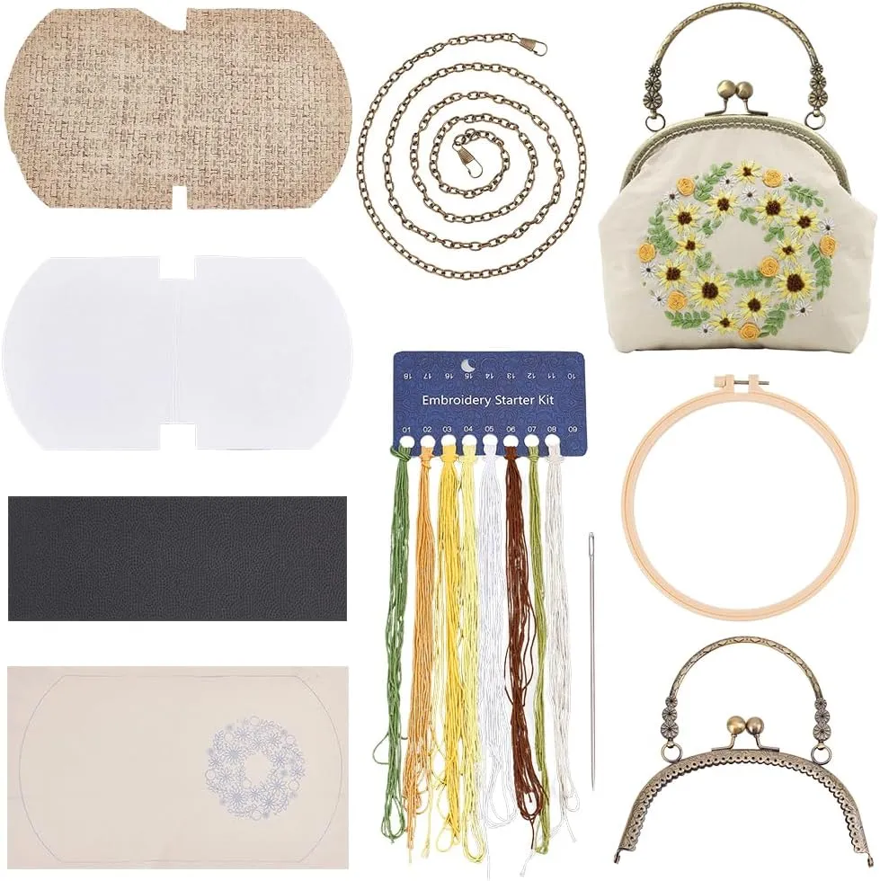 WADORN DIY Embroidery Crossbody Bags Kits, Ethnic Style Flower Pattern Coin Purse Making Kit Kiss Clasp Lock Embroidery Tool Pouch Sewing Material Handmade Cross Stitch Needlepoint Kit, 8.2x6.5 Inch