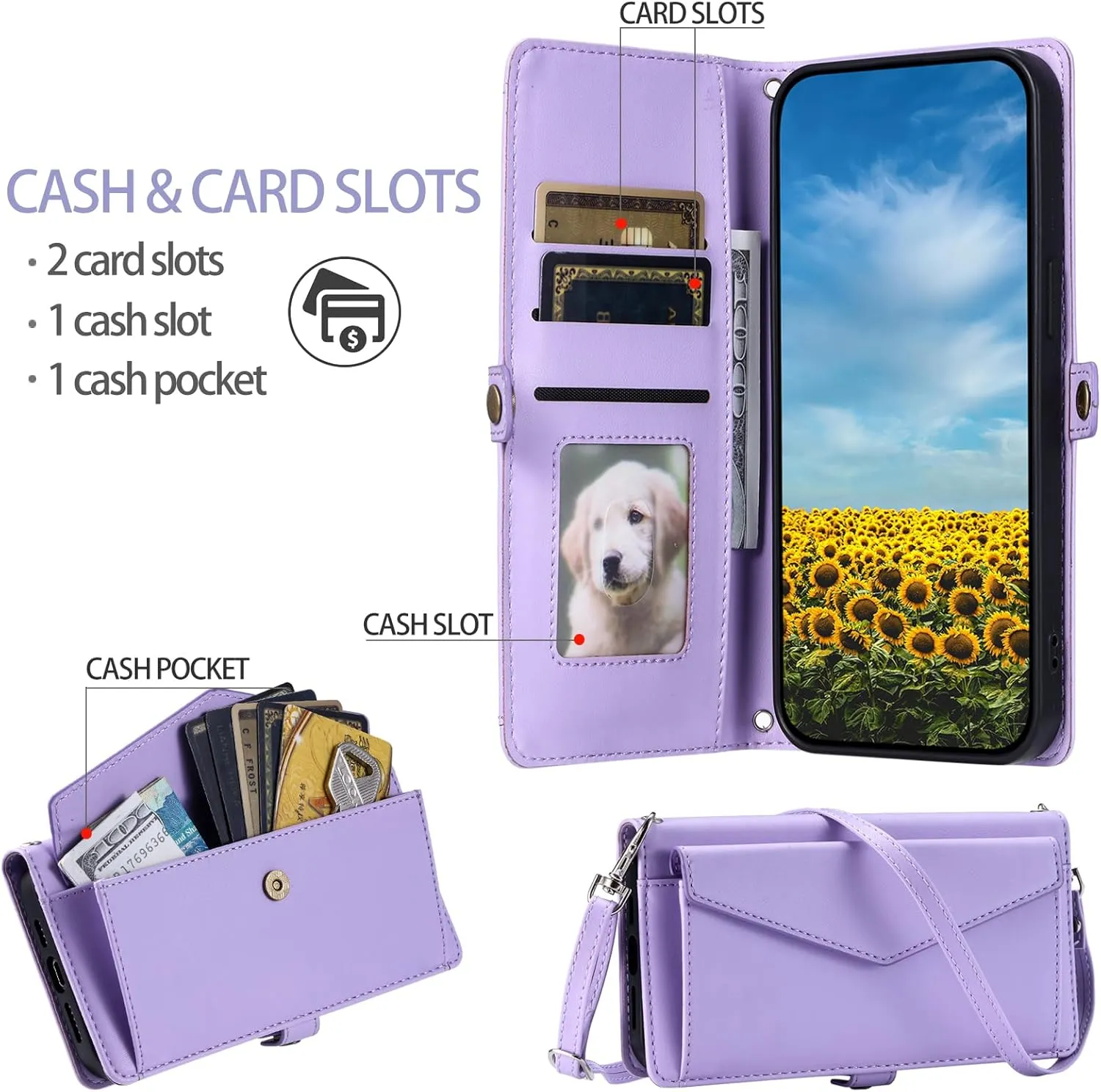Wallet Case for Samsung Galaxy A15 5G/4G with Wrist Strap Shoulder Strap Card Holder Shockproof Soft PU Leather Magnetic Snap Pocket Stand Cell Accessories Phone Cover A 15 G5 15A Women Purple