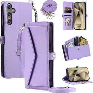Wallet Case for Samsung Galaxy A15 5G/4G with Wrist Strap Shoulder Strap Card Holder Shockproof Soft PU Leather Magnetic Snap Pocket Stand Cell Accessories Phone Cover A 15 G5 15A Women Purple
