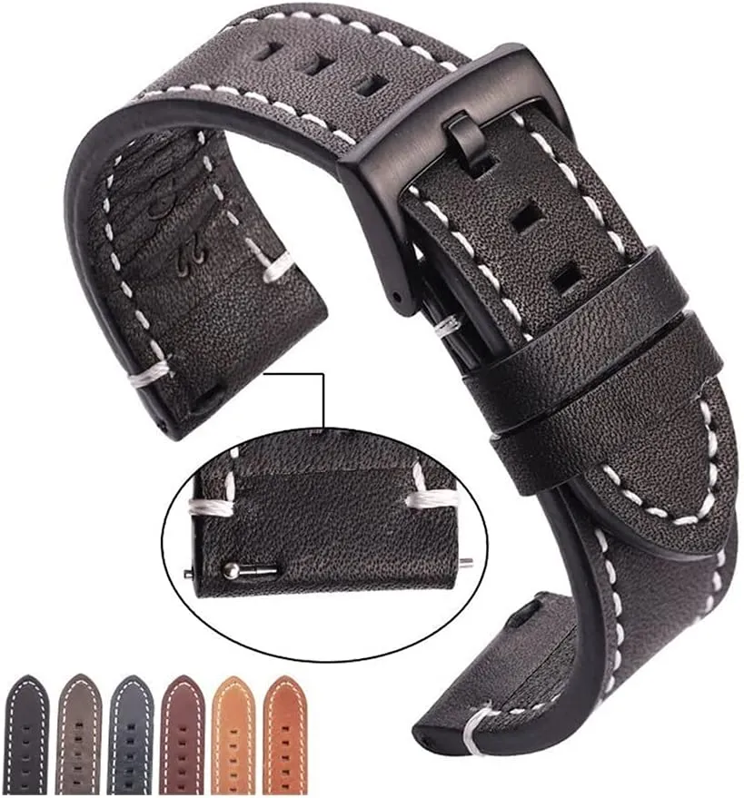 Watchband Belt 18 20 22 24mm Men Women Thick Watch Band Strap Metal Buckles (Band Color : Brown Silver Clasp, Band Width : 24mm)