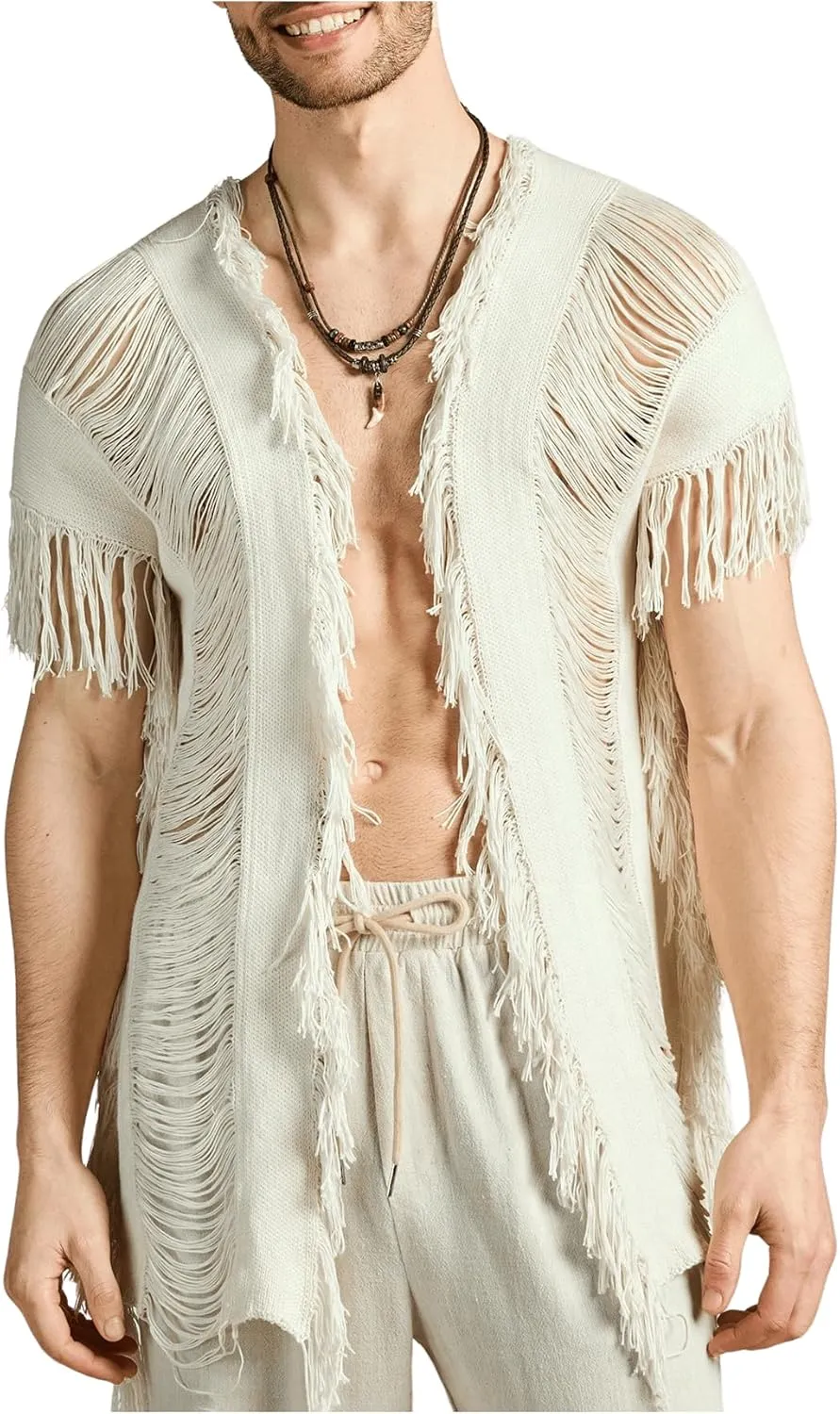 WDIRARA Men's Tassel Hem Hollow Out Vintage Cardigan Ripped V Neck Short Sleeve Casual Outerwear