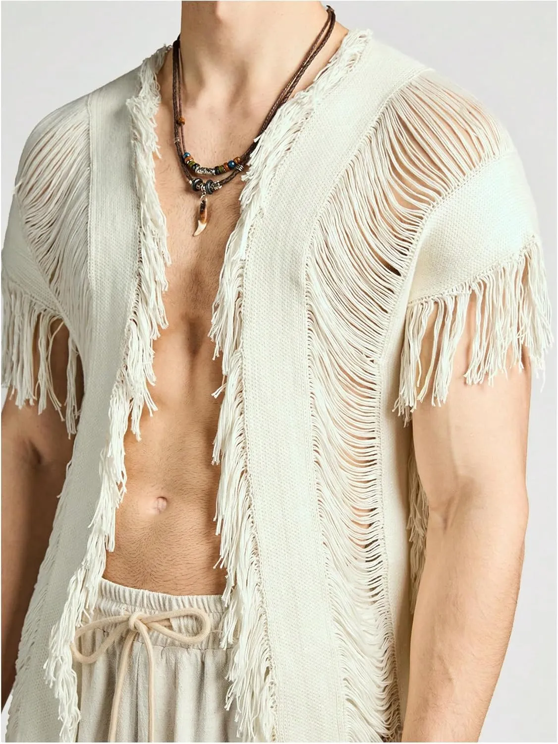 WDIRARA Men's Tassel Hem Hollow Out Vintage Cardigan Ripped V Neck Short Sleeve Casual Outerwear