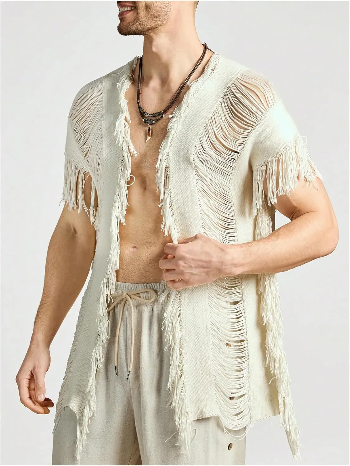 WDIRARA Men's Tassel Hem Hollow Out Vintage Cardigan Ripped V Neck Short Sleeve Casual Outerwear