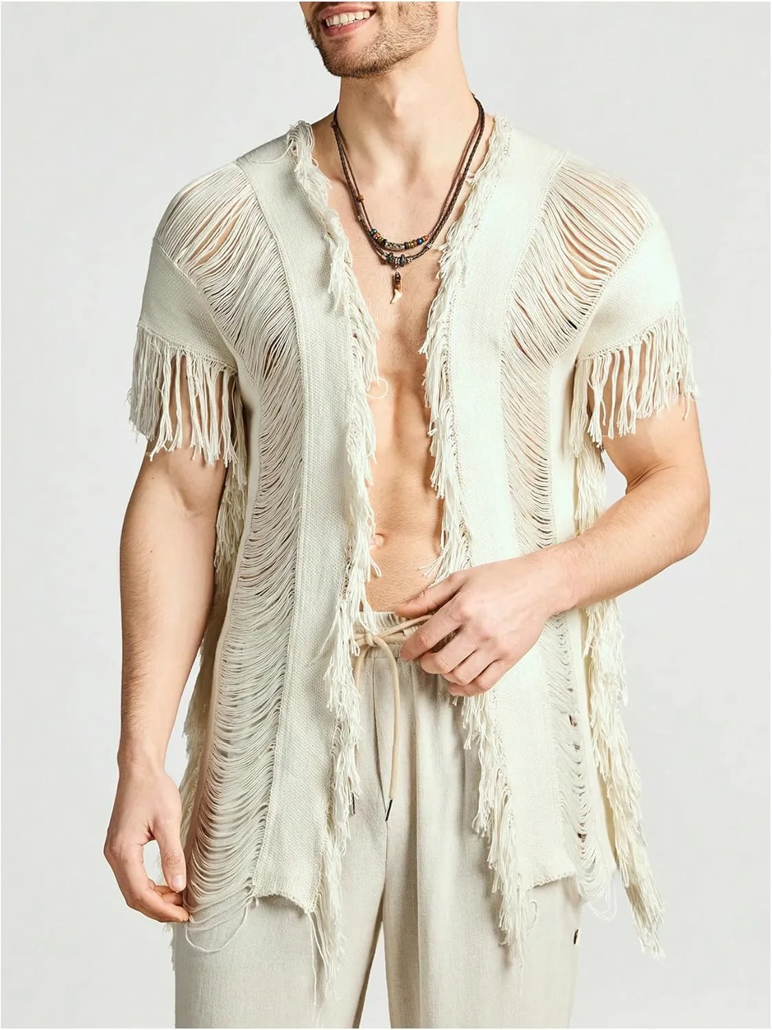WDIRARA Men's Tassel Hem Hollow Out Vintage Cardigan Ripped V Neck Short Sleeve Casual Outerwear