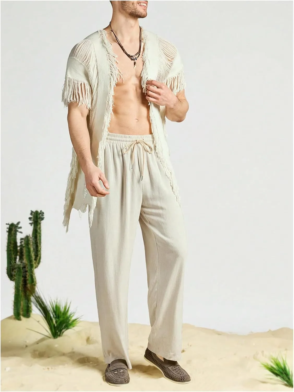 WDIRARA Men's Tassel Hem Hollow Out Vintage Cardigan Ripped V Neck Short Sleeve Casual Outerwear