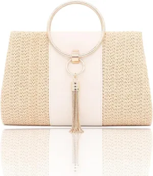 Weave Straw Handbag for Women Tassels Straw Clutch Summer Evening Party Bag Elegant Beach Top Handle Purse with Chain