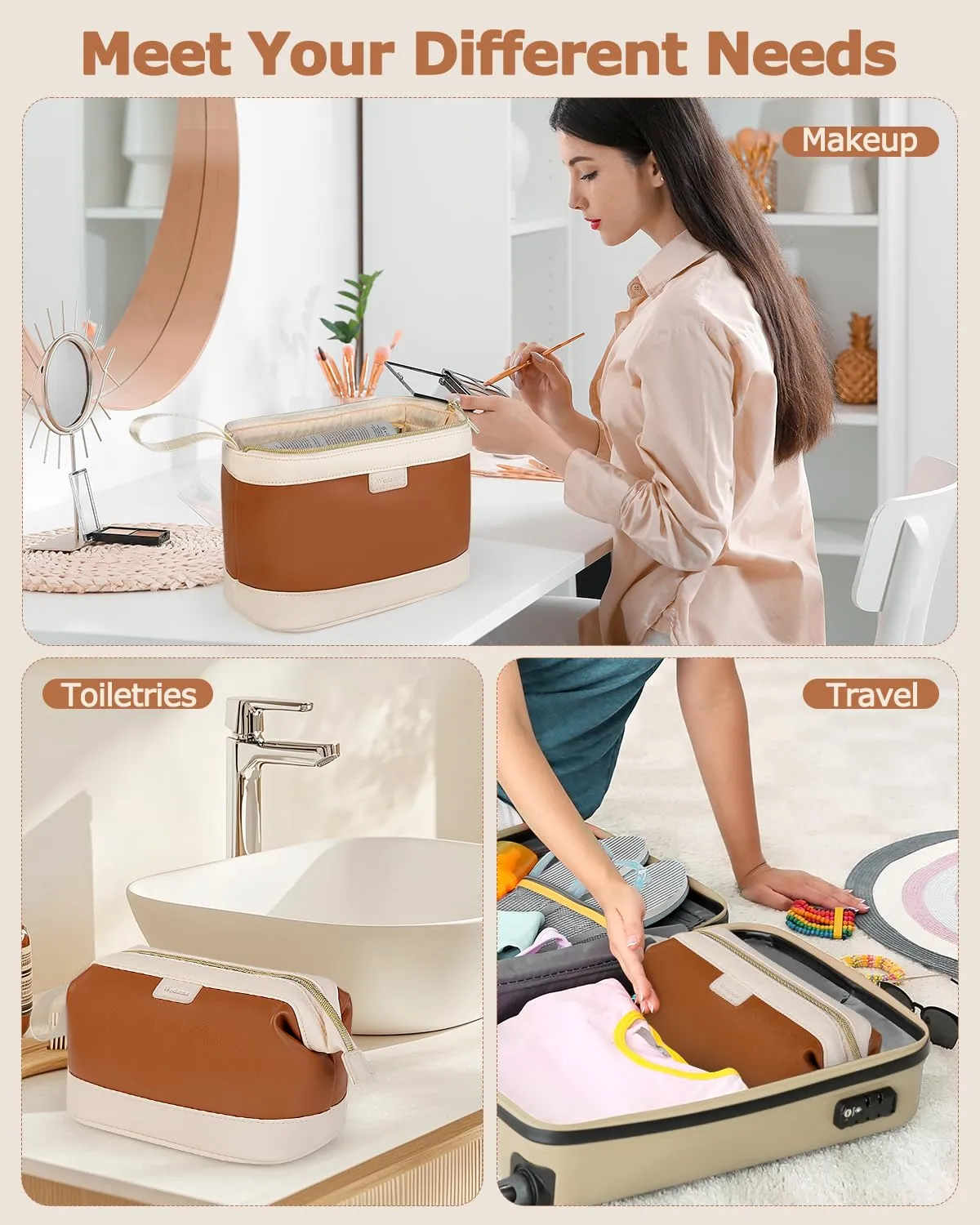 Wedama Makeup Bag, Large Capacity Travel Cosmetic Bag, PU Leather Makeup Pouch Wide Open Make up Organizer Bag Portable Makeup Case Waterproof Toiletry Bag with Handle for Women Girls, Brown