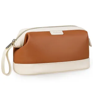 Wedama Makeup Bag, Large Capacity Travel Cosmetic Bag, PU Leather Makeup Pouch Wide Open Make up Organizer Bag Portable Makeup Case Waterproof Toiletry Bag with Handle for Women Girls, Brown