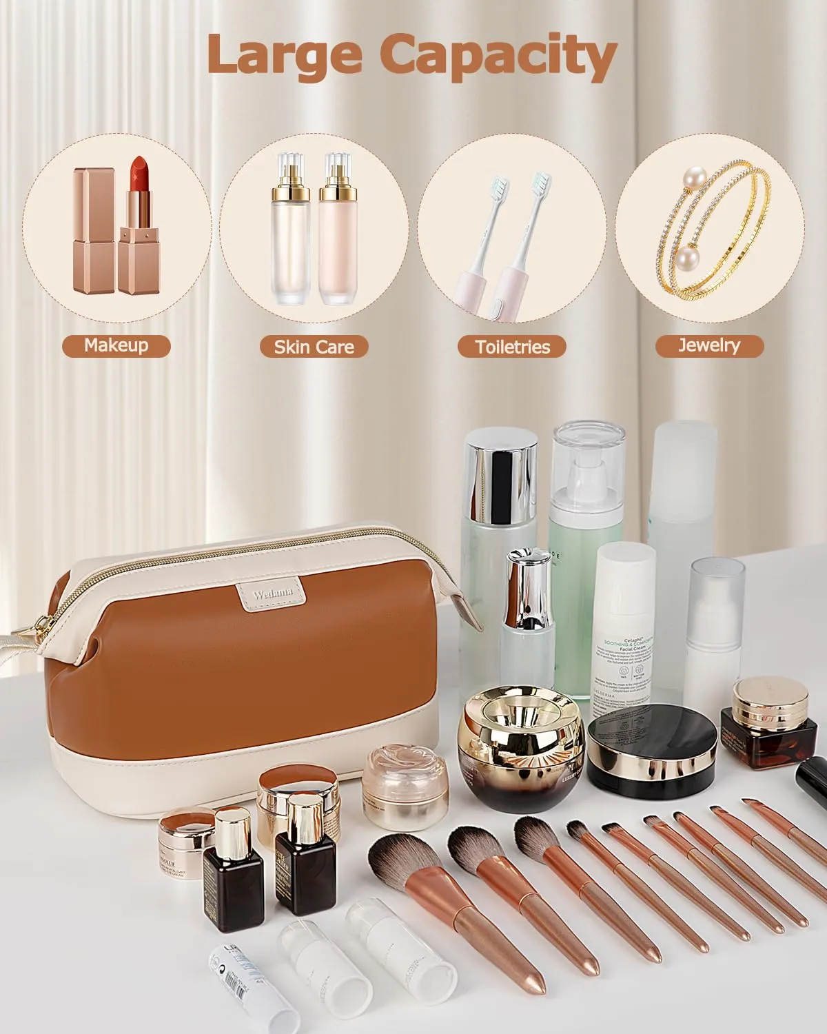 Wedama Makeup Bag, Large Capacity Travel Cosmetic Bag, PU Leather Makeup Pouch Wide Open Make up Organizer Bag Portable Makeup Case Waterproof Toiletry Bag with Handle for Women Girls, Brown