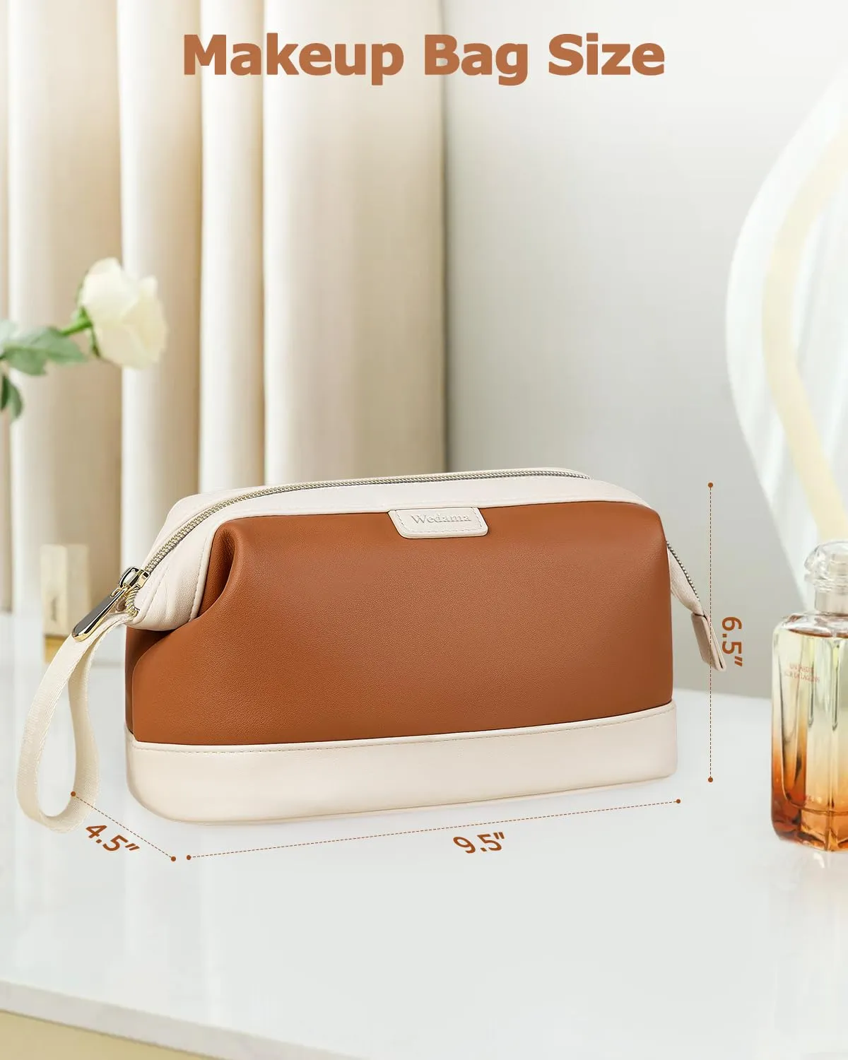 Wedama Makeup Bag, Large Capacity Travel Cosmetic Bag, PU Leather Makeup Pouch Wide Open Make up Organizer Bag Portable Makeup Case Waterproof Toiletry Bag with Handle for Women Girls, Brown