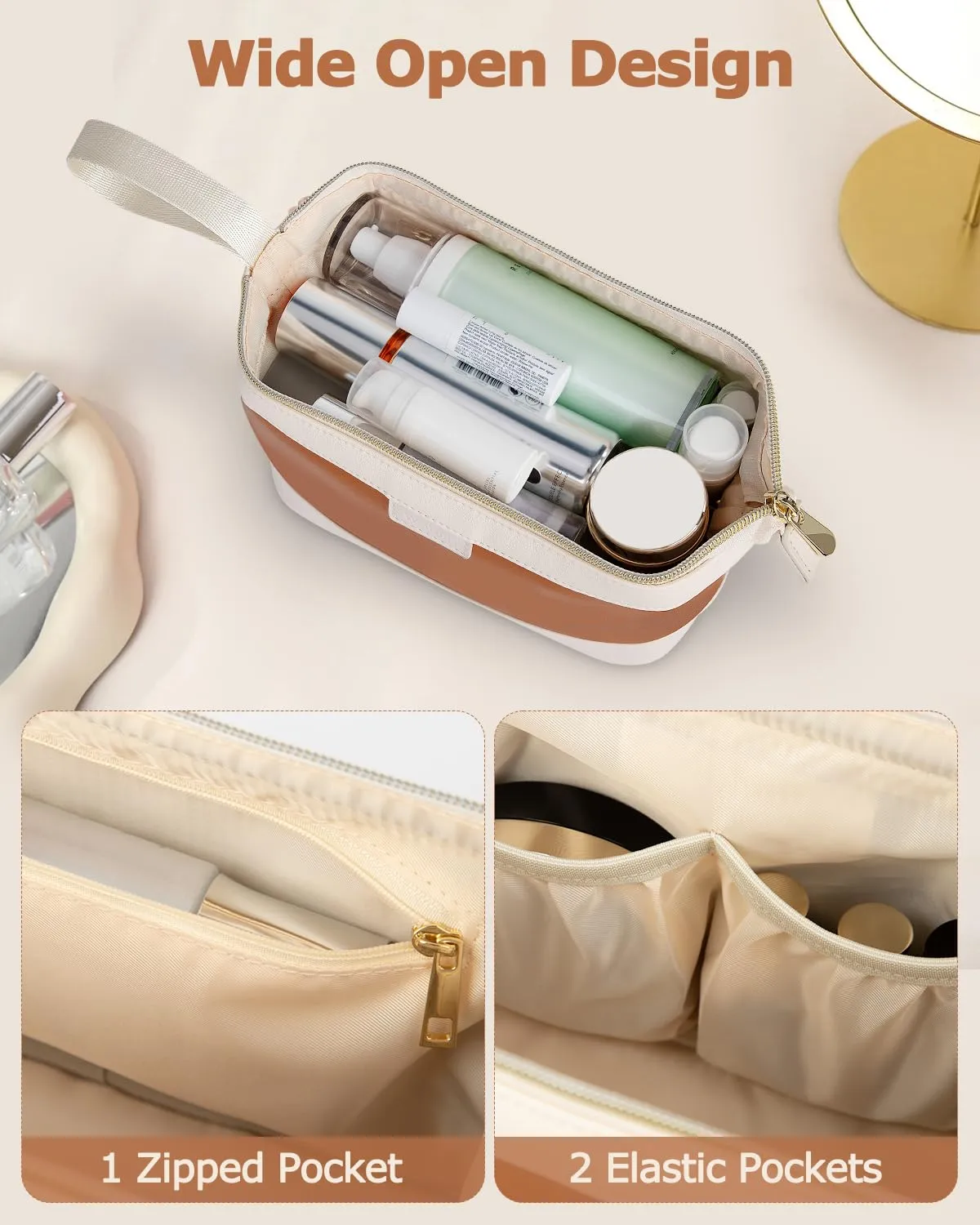 Wedama Makeup Bag, Large Capacity Travel Cosmetic Bag, PU Leather Makeup Pouch Wide Open Make up Organizer Bag Portable Makeup Case Waterproof Toiletry Bag with Handle for Women Girls, Brown